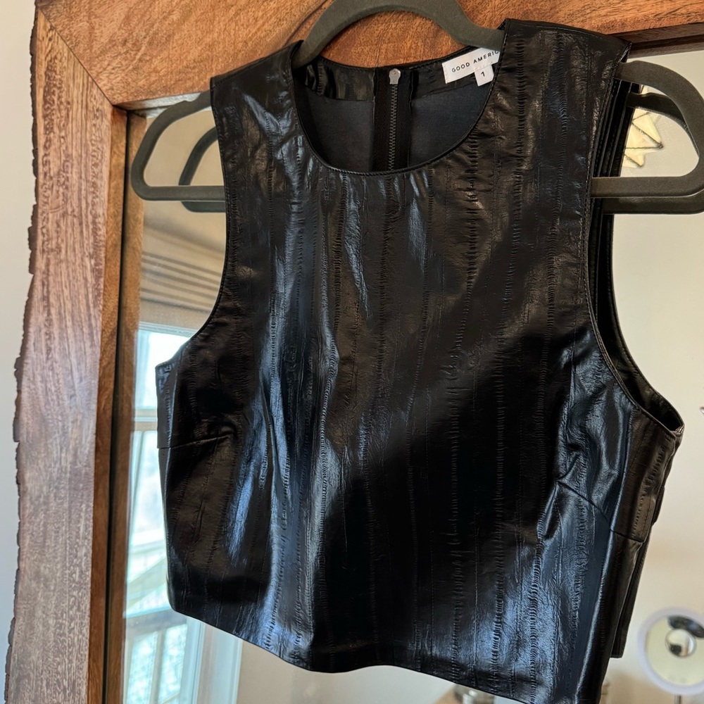 Good American | Black Leather Cropped Top | Back Zipper